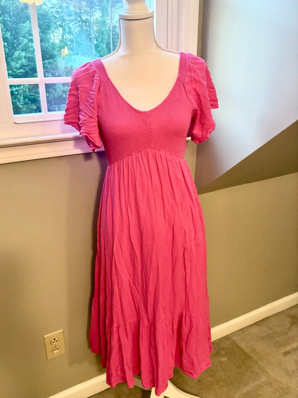 In Bloom Hot Pink Ruffle Sleeve Midi Dress